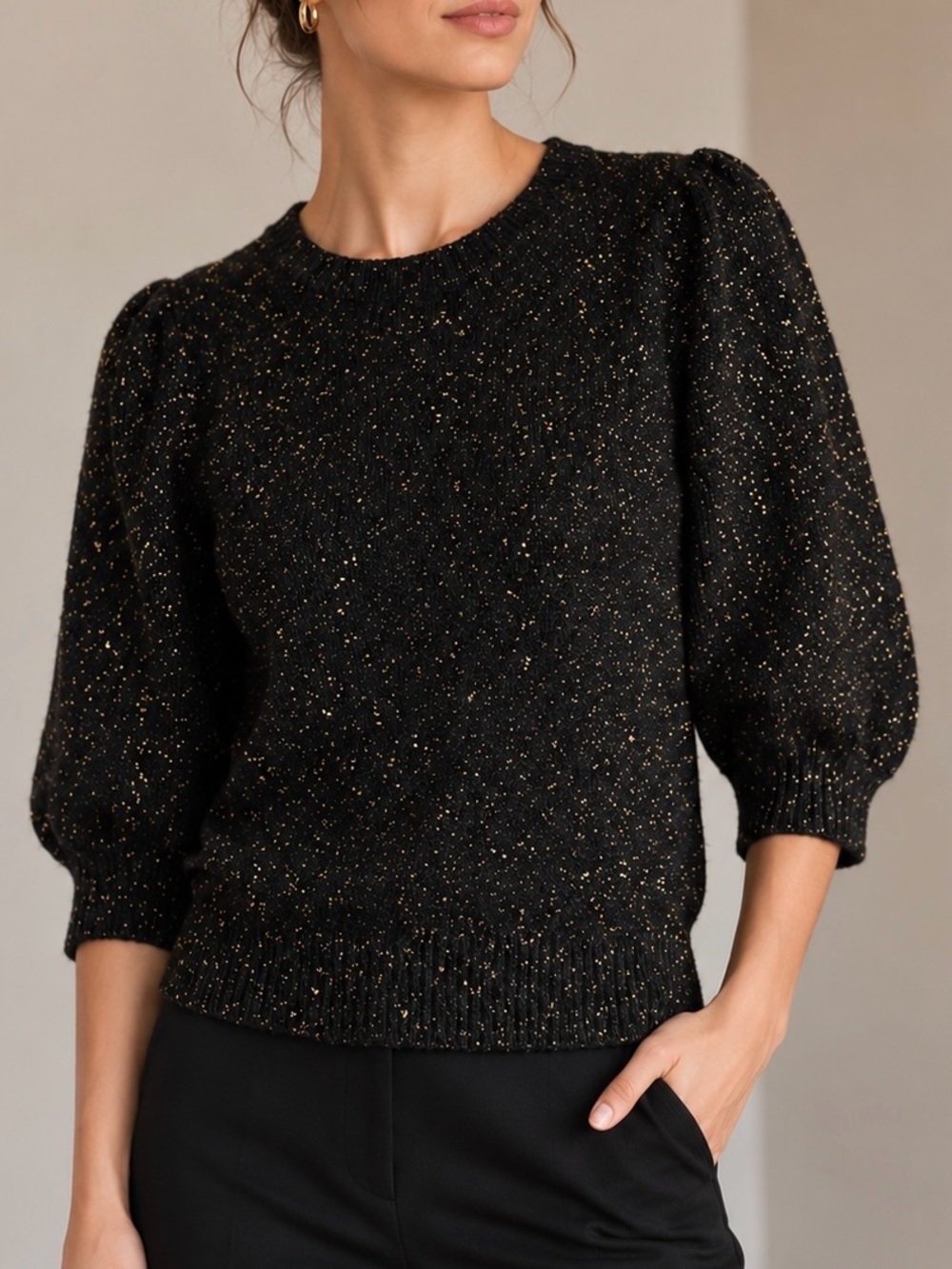 Calvin Klein Jeans Metallic Puff-Sleeve Sparkly Sweater Black Gold Women's XL